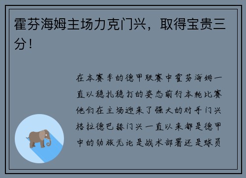 霍芬海姆主场力克门兴，取得宝贵三分！